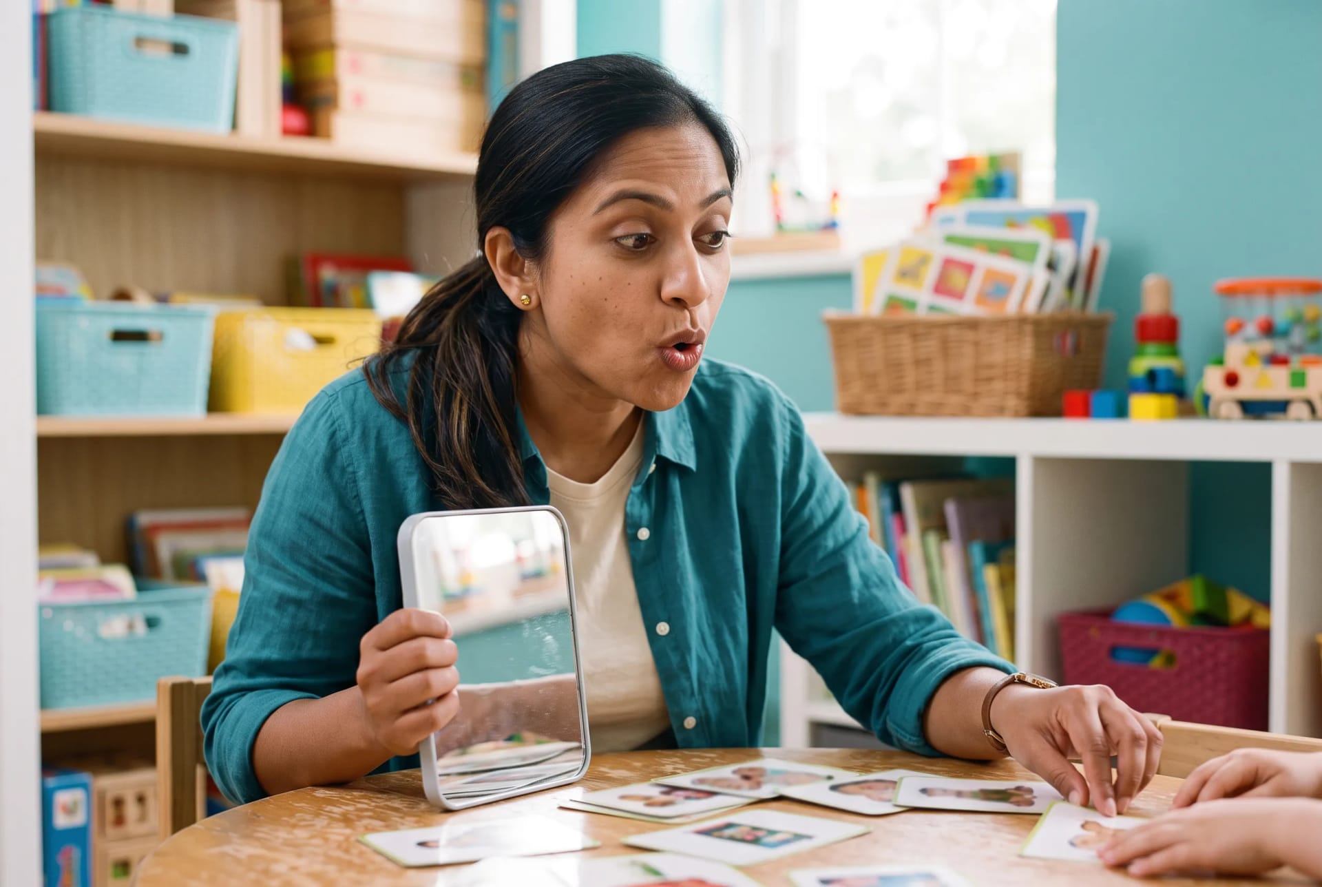 Anjali Rao playfully demonstrating a speech sound during a session at her Caversham clinic in Reading, the child in session present as hands only at the table edge