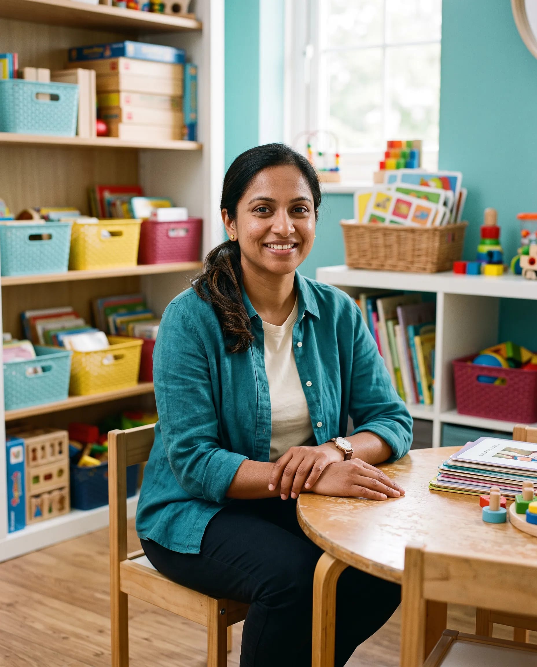 Anjali Rao, paediatric speech and language therapist, seated in her bright clinic room in Caversham, Reading