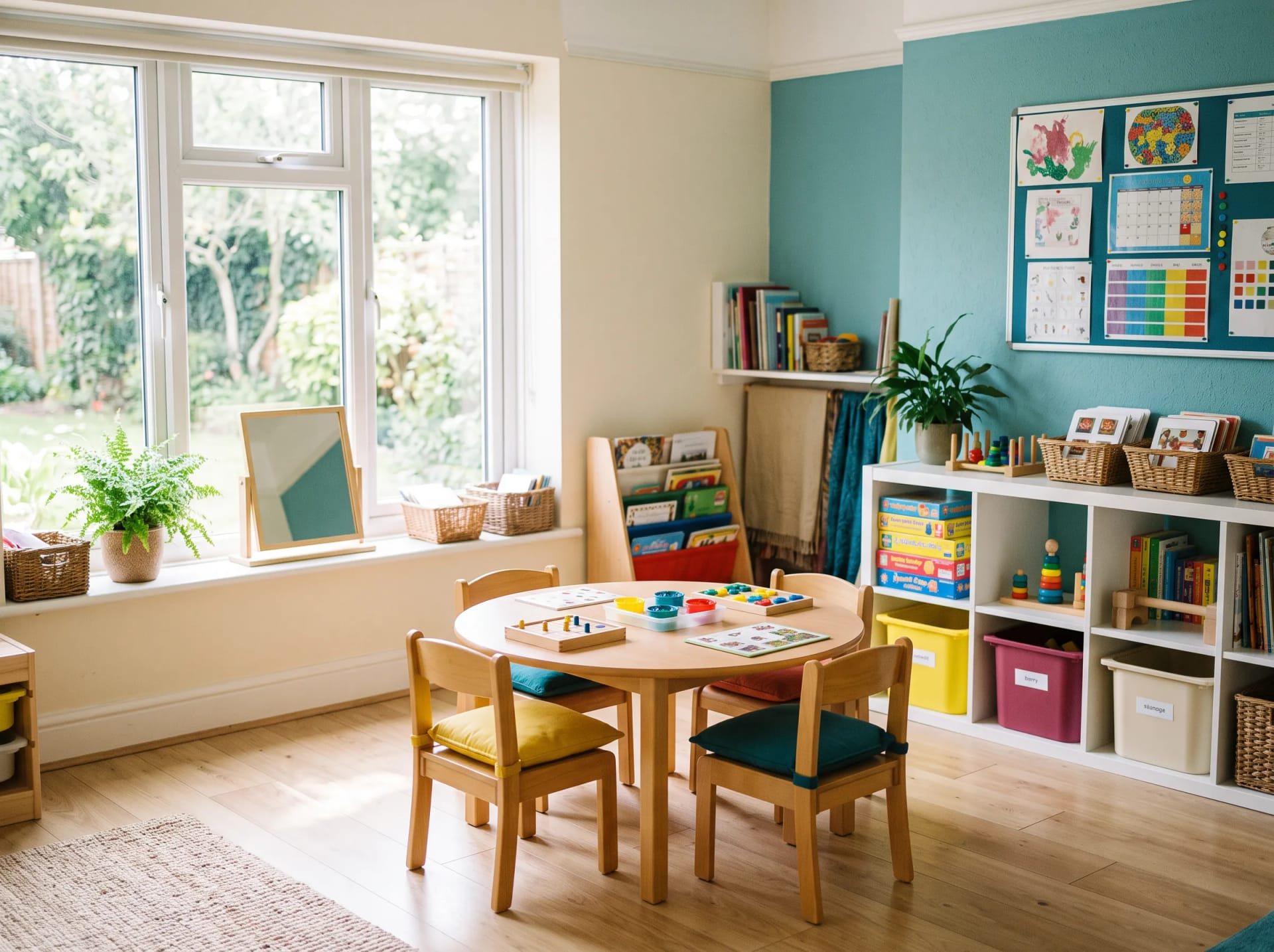 The bright therapy room at Lark Speech Therapy in Caversham, Reading, with a low round table, small chairs and shelves of games