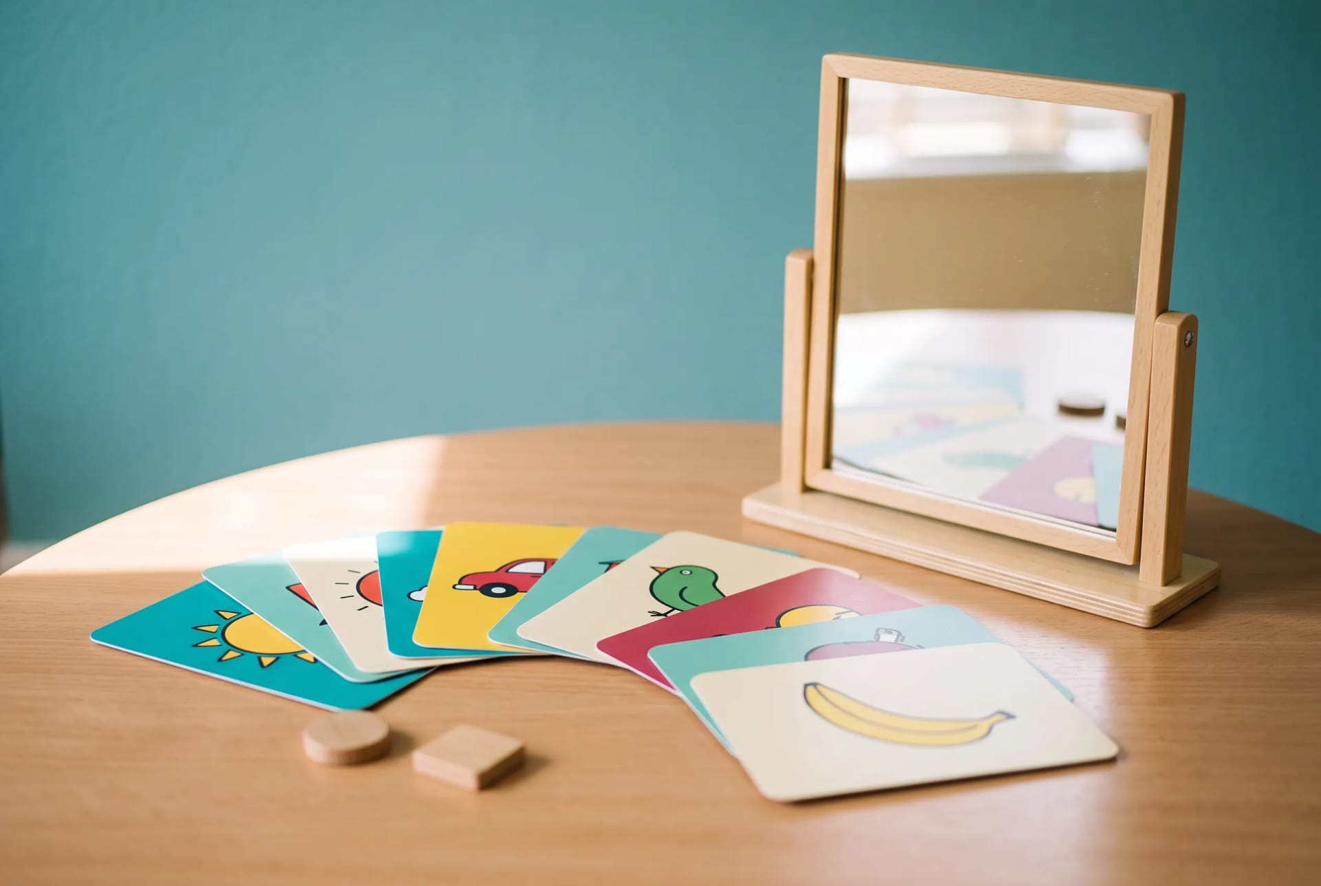 Speech-sound flashcards and a small practice mirror on the therapy table at Lark Speech Therapy in Reading