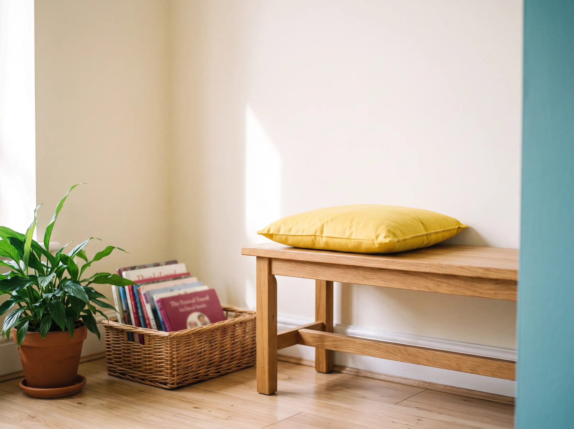 A basket of picture books in the waiting nook at Lark Speech Therapy in Reading