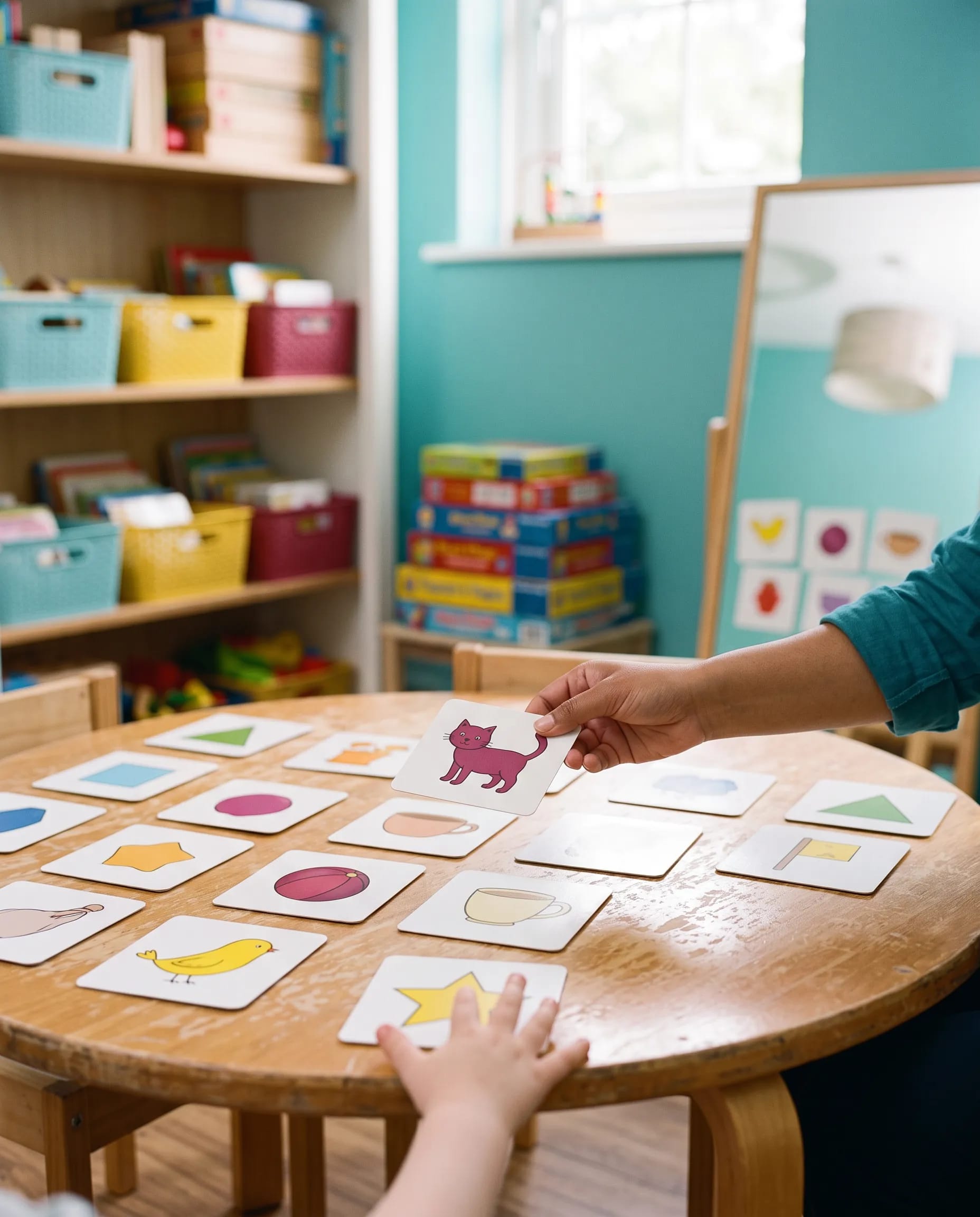 A bright therapy table at Lark Speech Therapy in Reading, picture cards laid out mid-game with a child's hands only in frame