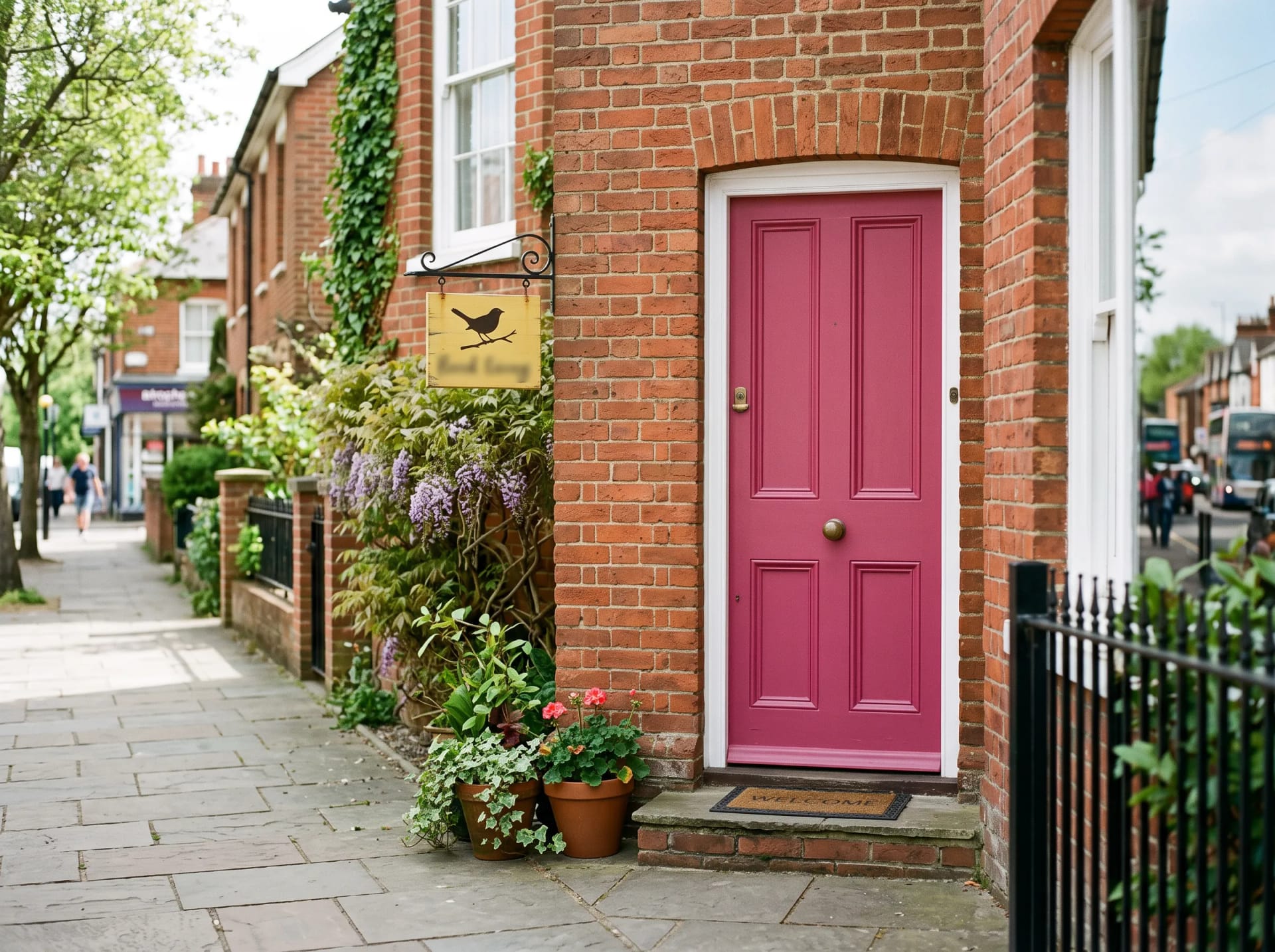 The berry-pink front door of the Lark Speech Therapy clinic on Church Street in Caversham, Reading, with its small bird sign